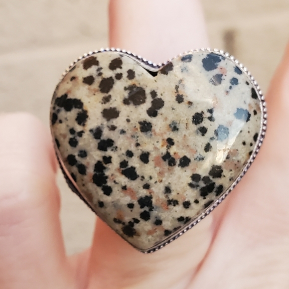 New Oversized Heart Shaped Dalmatian Jasper 925 Silver Statement Ring. - Picture 1 of 11